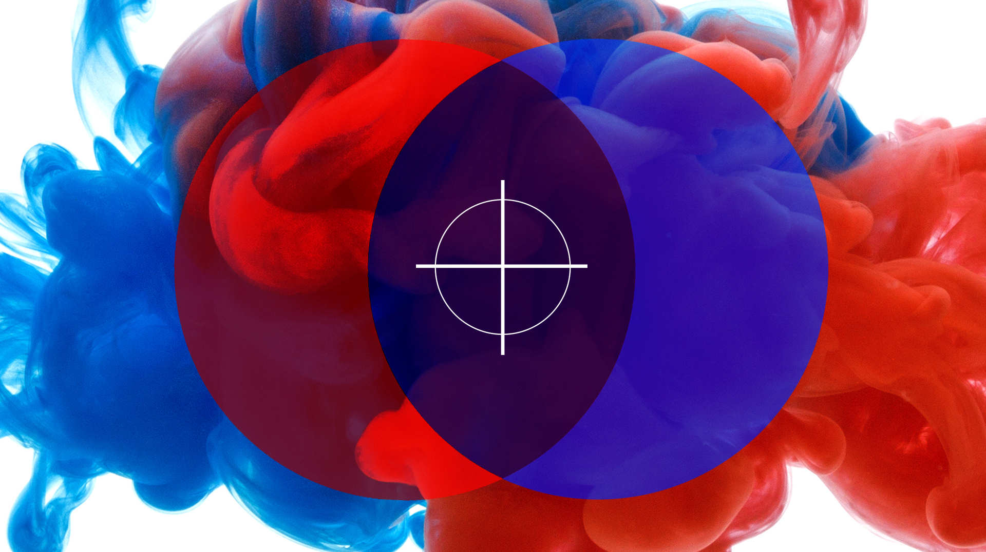 Symbol of rivalry and struggle or merging of a compound. Ink in water red and blue isolated on white
